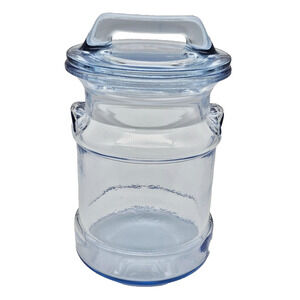 Vintage LE Smith Glass Cookie Jar & Lid Milk Can Light Blue Storage Canister